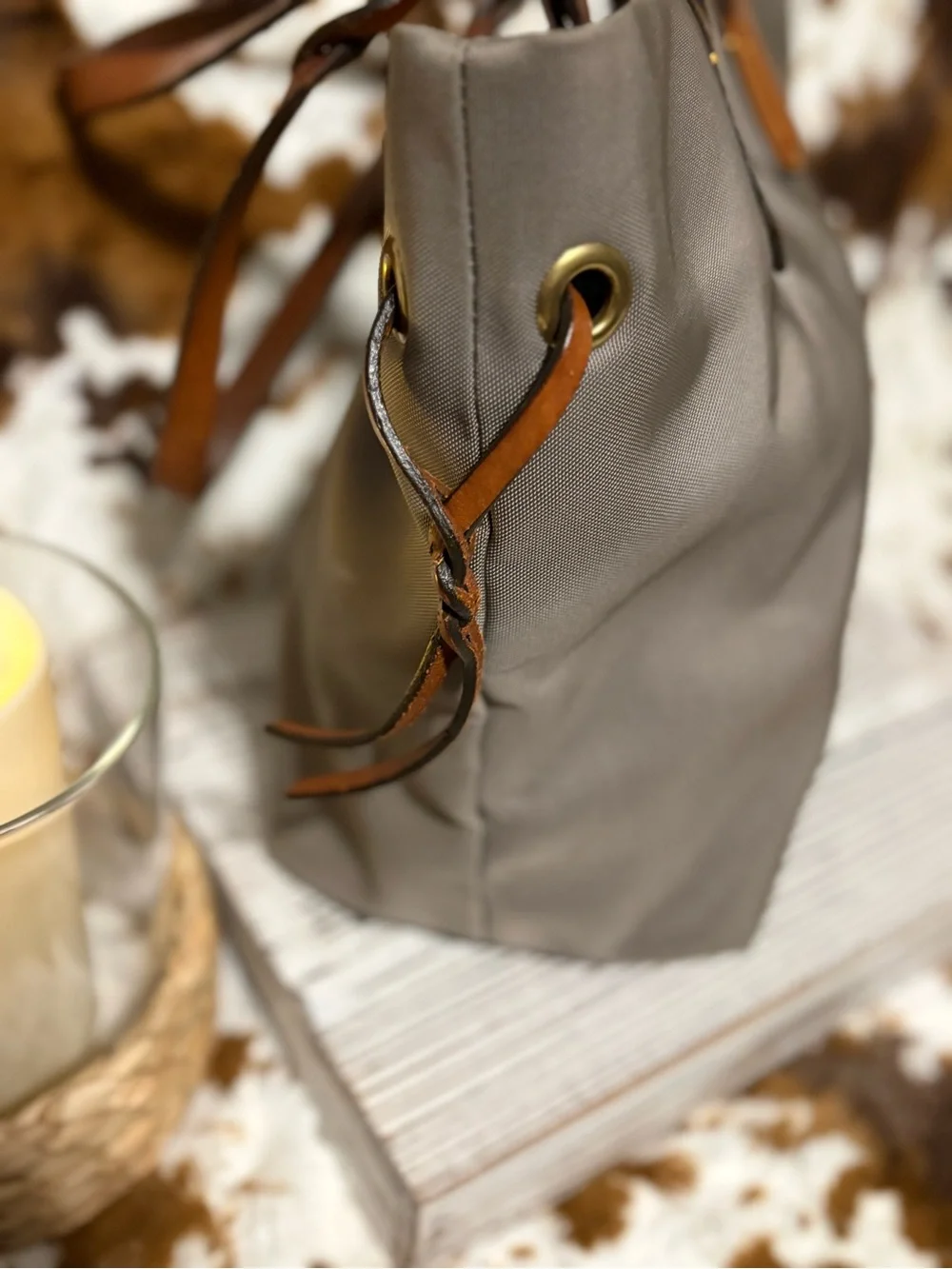 Dooney & Bourke Gray Canvas Tote with Brown Leather Trim